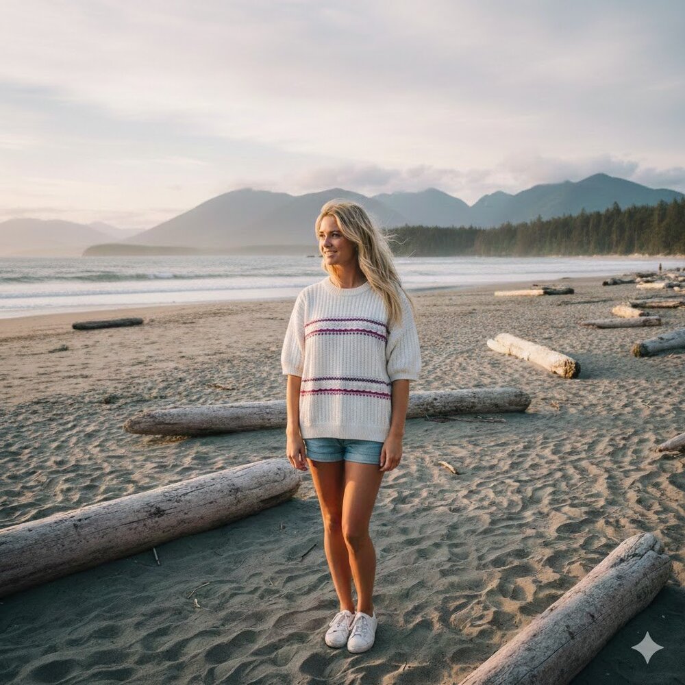 Women's White 80s Sweater with Pink and Blue Accents